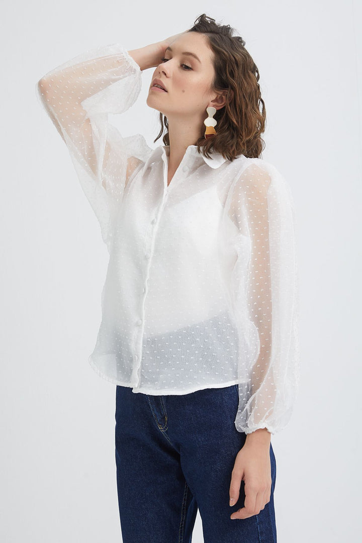 Embossed Sleeves Pleated Tulle Shirt Ecru
