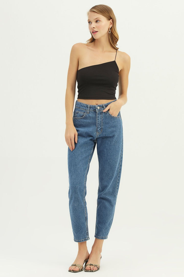 Tek Omuz Askılı Crop Bluz Siyah