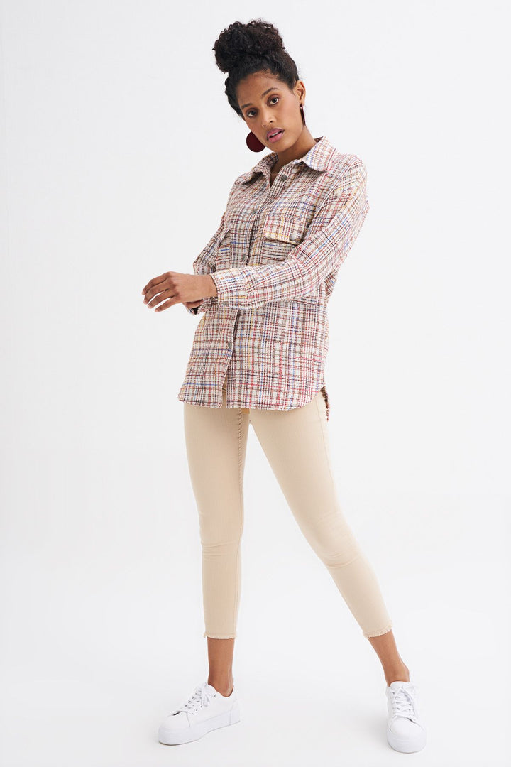 Tweed Pocketed Plaid Shirt Red