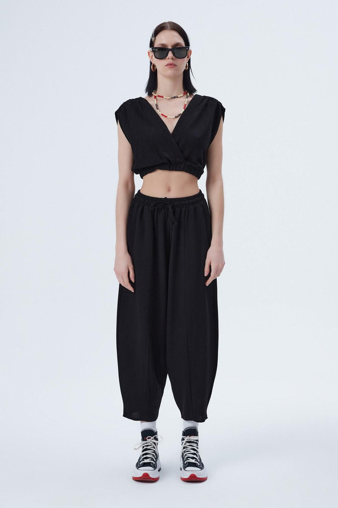 Elastic Waist Linen Trousers Black