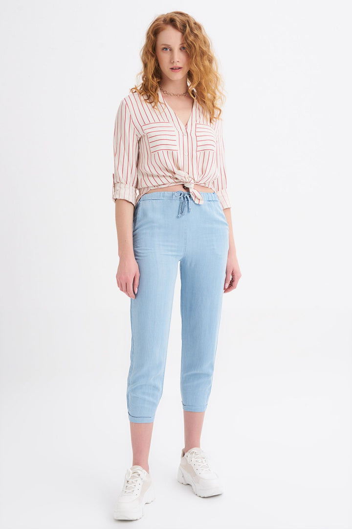 Bağcık Detaylı Bol Pantolon Açık Mavi