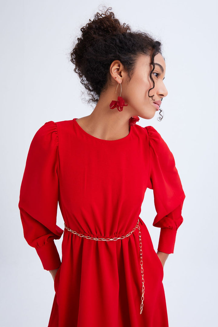 Chain Belt Asymmetric Dress Red