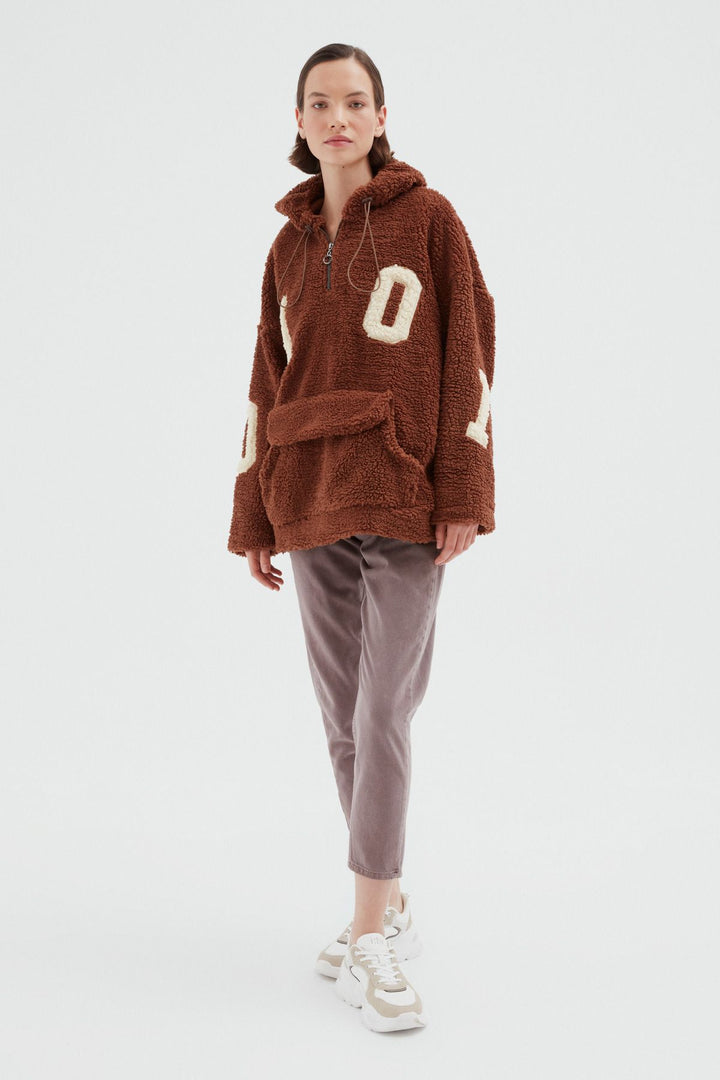 Kanguru Cepli Peluş Sweatshirt Kahverengi