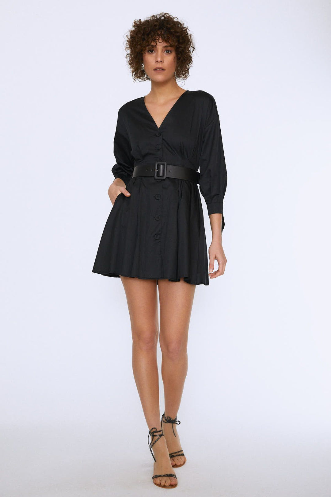 Waist Belt Buttoned Dress Black