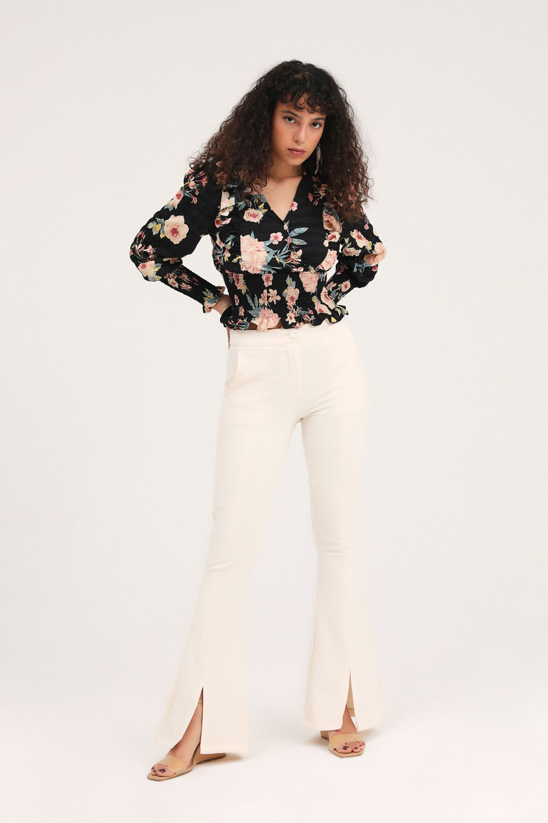 Floral Frilled Double Breasted Blouse Black