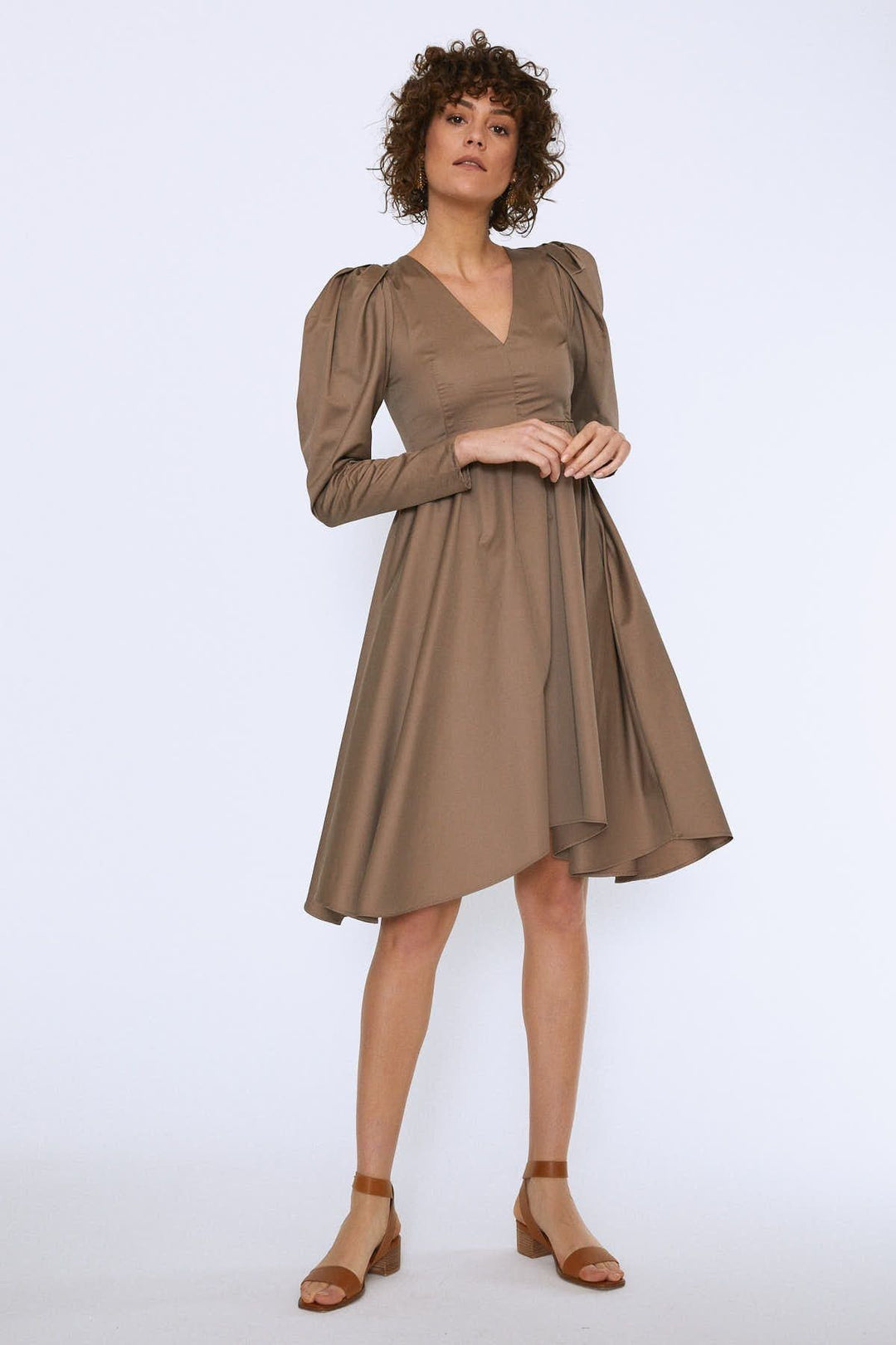 Balloon Sleeve V Neck Midi Dress Earth