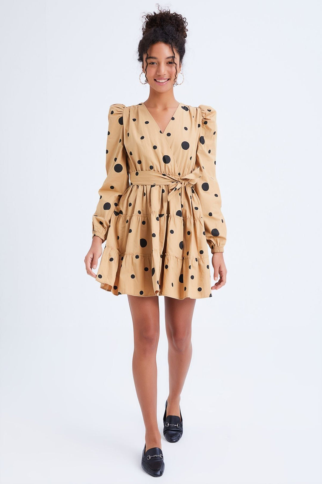 Belted Polka Dot Dress Camel