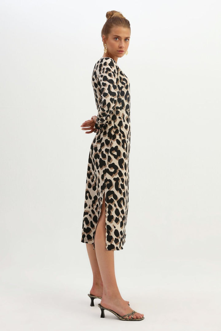 Patterned Wrap Dress Brown