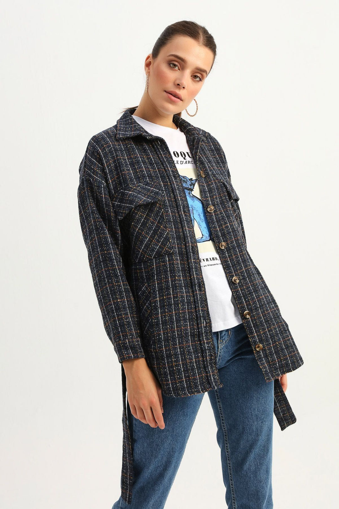 Tie Waist Tweed Shirt Indigo