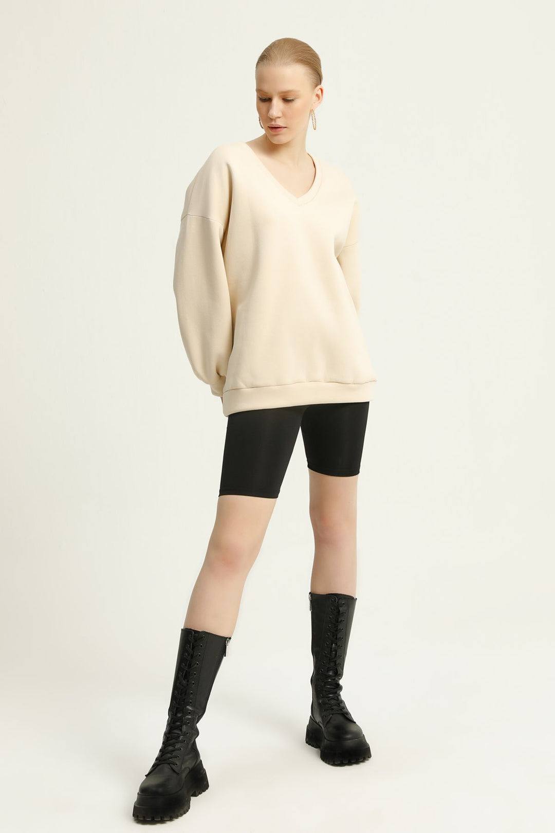 V Neck Sweatshirt Beige