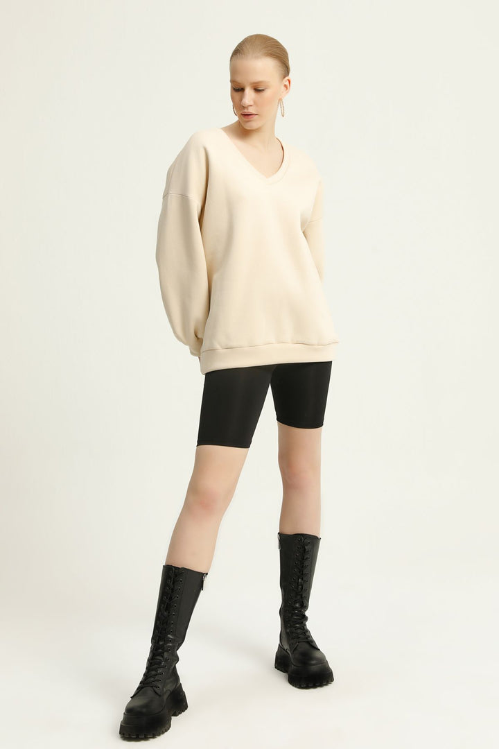 V Neck Sweatshirt Beige