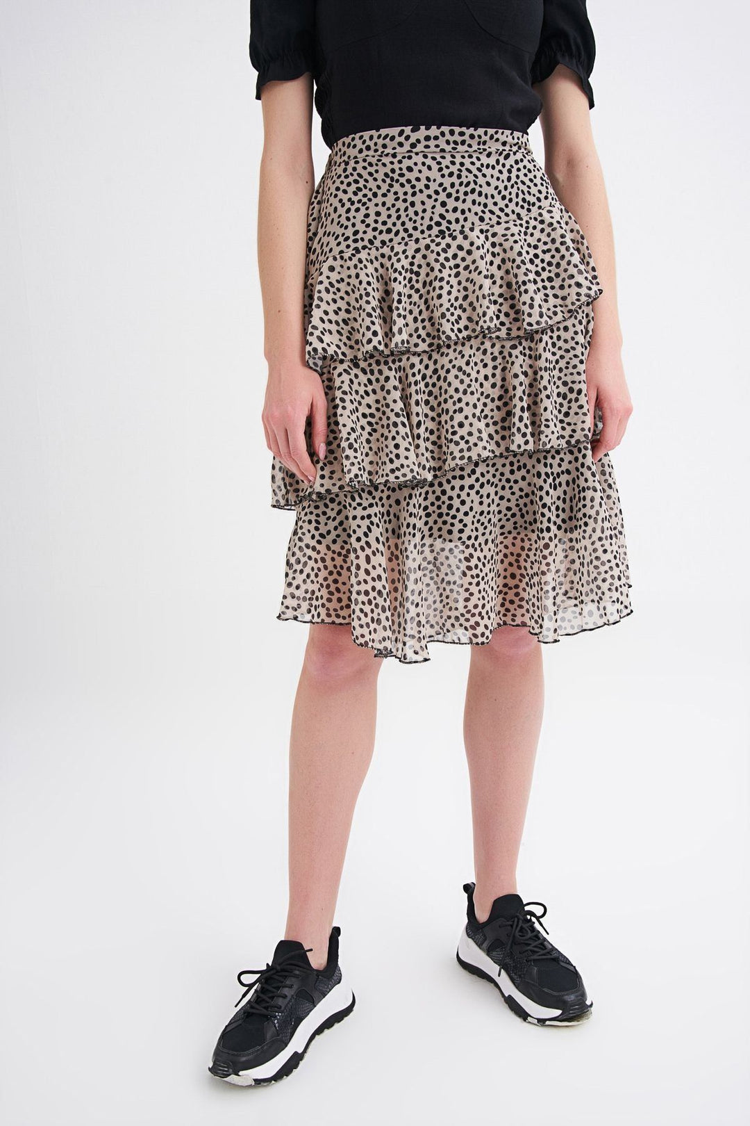 Polka Dot Tiered Midi Skirt Beige