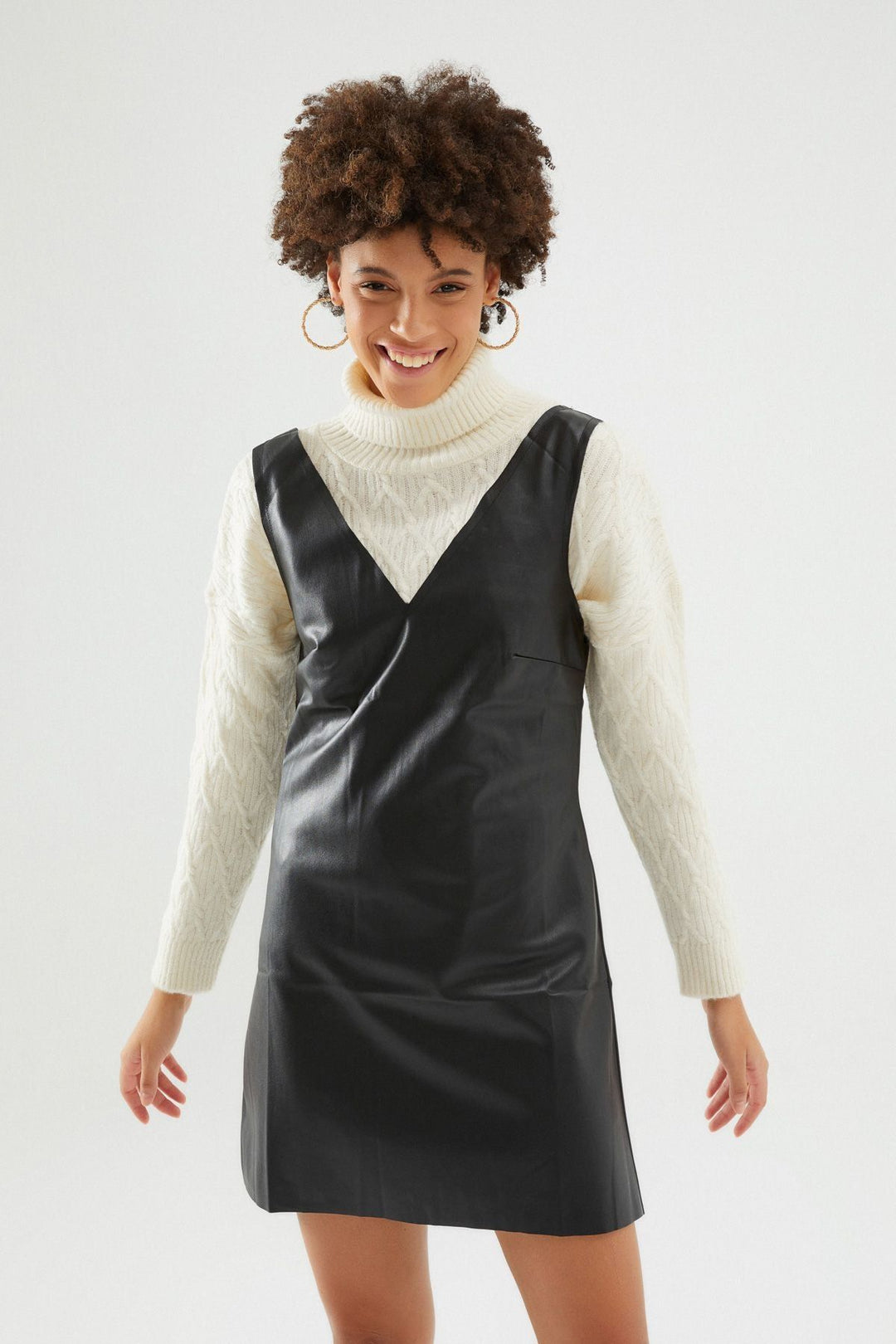 V Neck Leather Dress Black