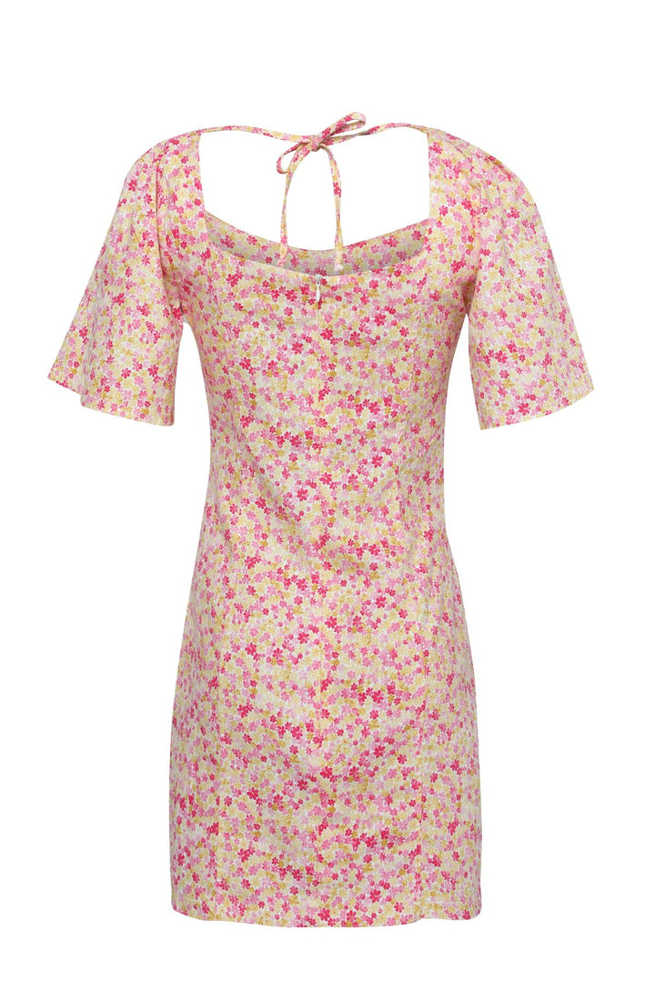 Çiçekli Kare Yaka Mini Elbise Pembe