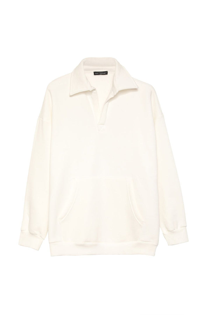 Kangaroo Pocket Polo Neck Sweatshirt Ecru