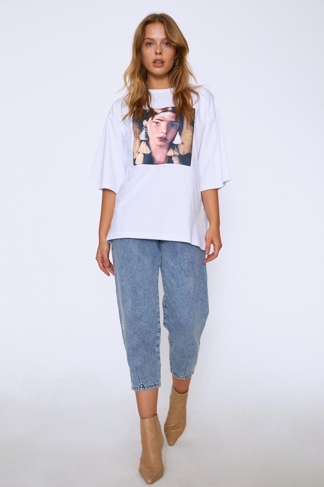 Oversize Baskılı Tişört Beyaz