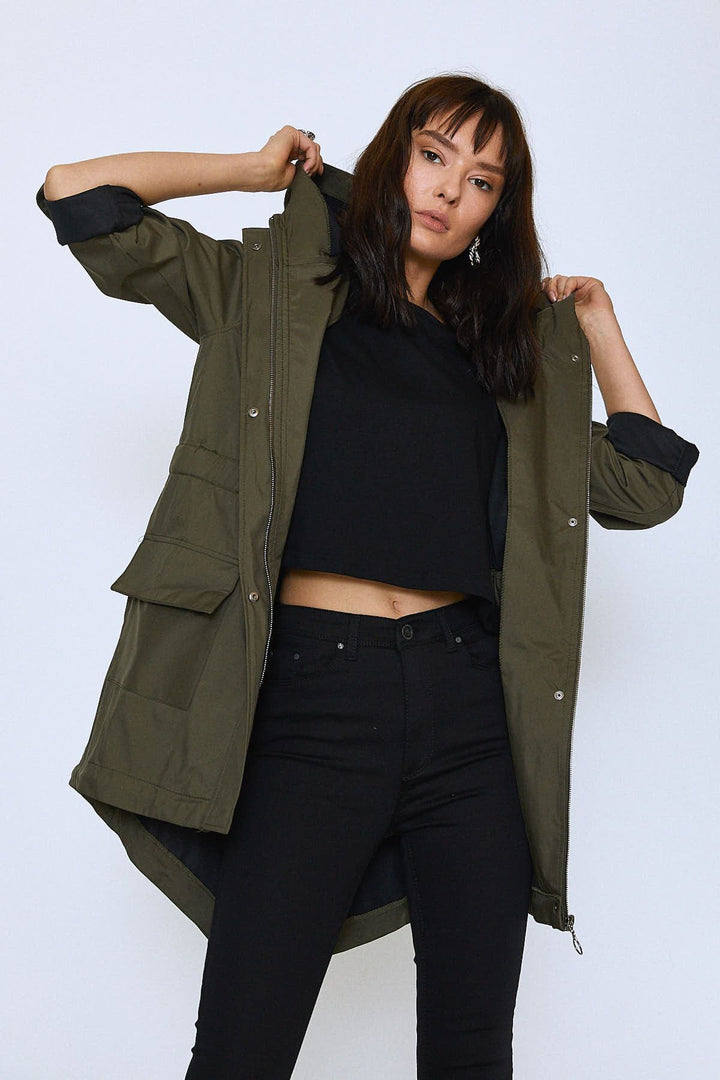 Embroidered Back Hooded Raincoat Khaki