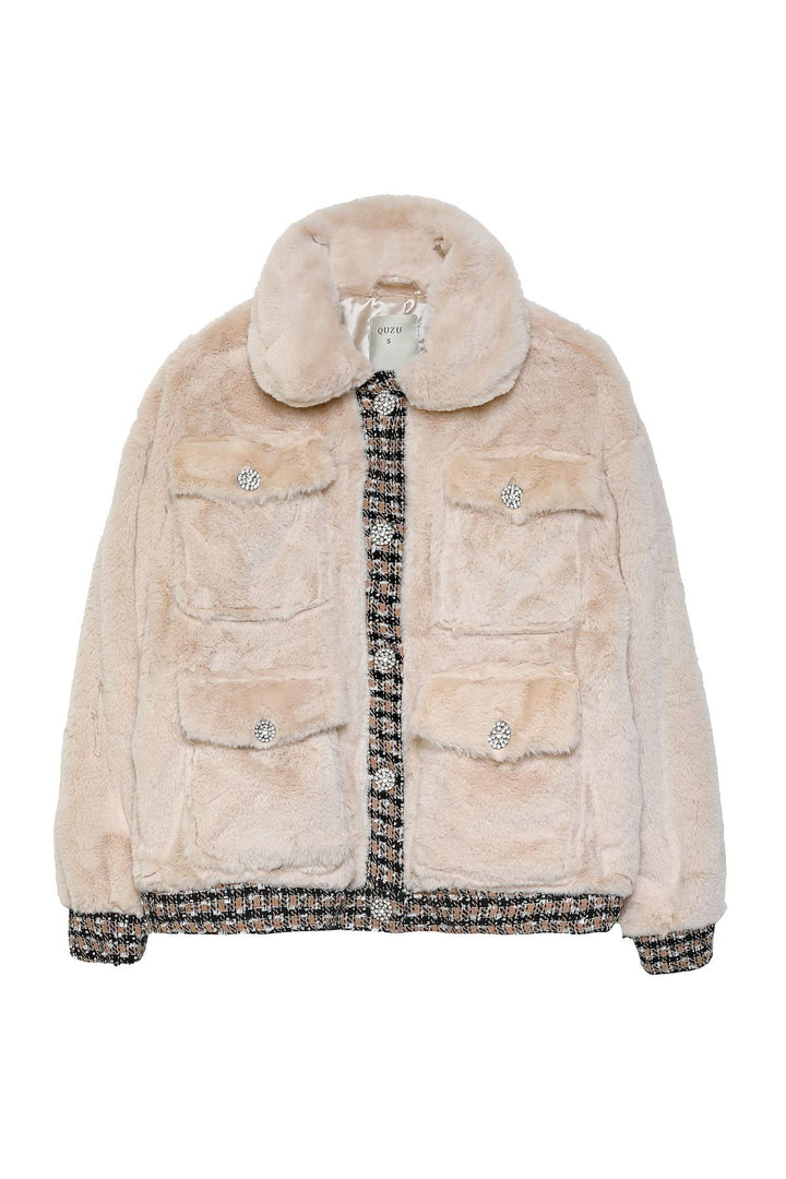 Tweed Detailed Pocket Plush Coat Beige