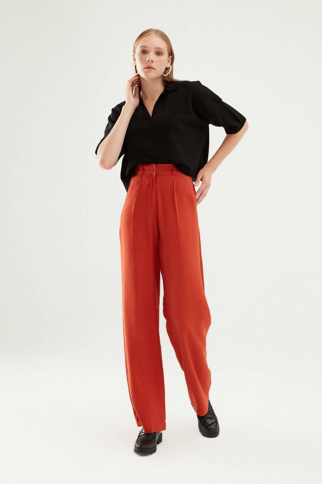 Yüksel Bel Bol Paça Pantolon Kiremit