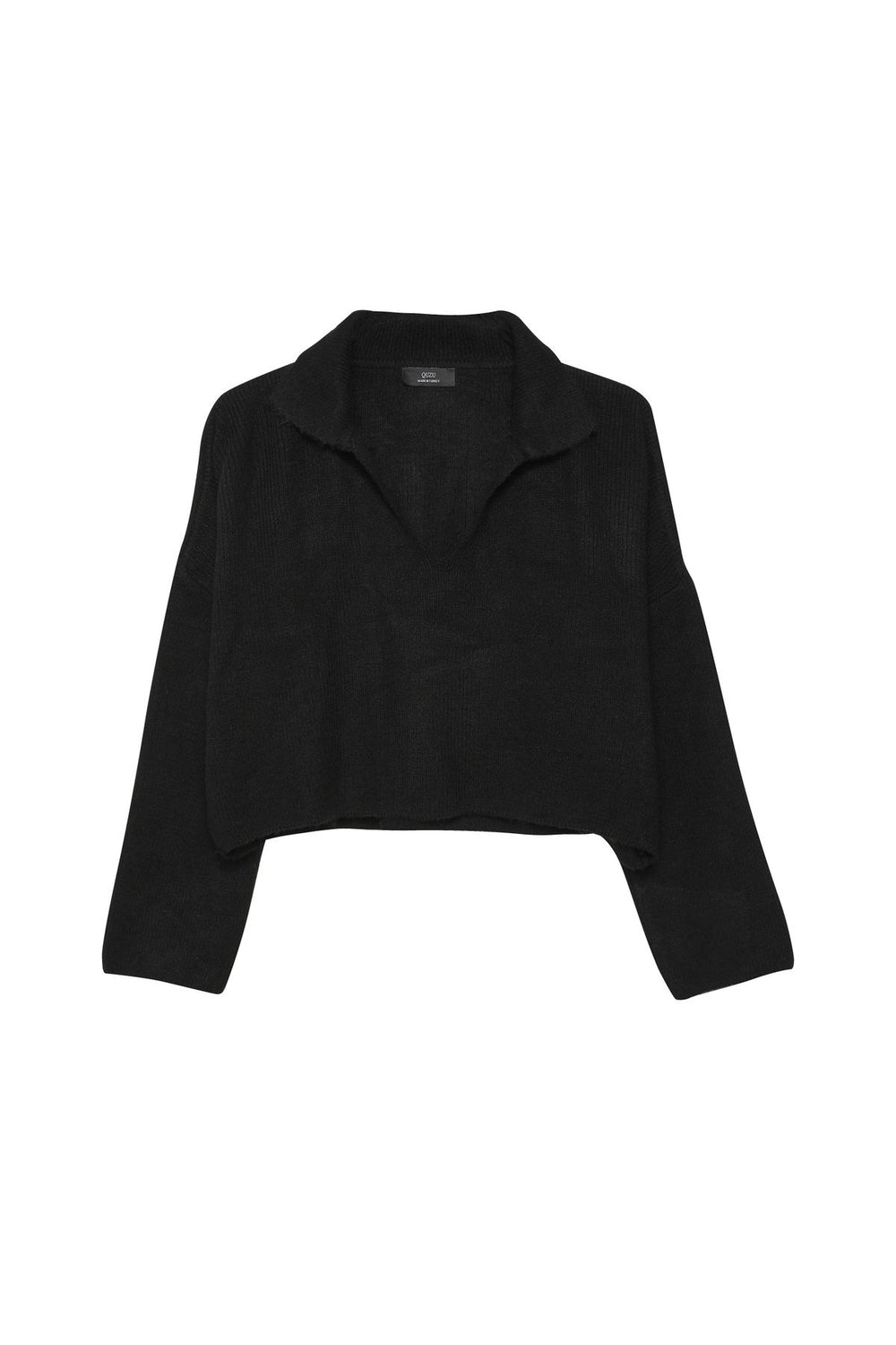 Shirt Collar Crop Sweater Black