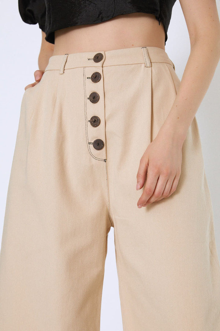High Waist Front Buttoned Loose Trousers Bone