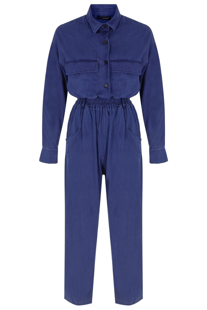 Belted Shirt Collar Jumpsuit Indigo