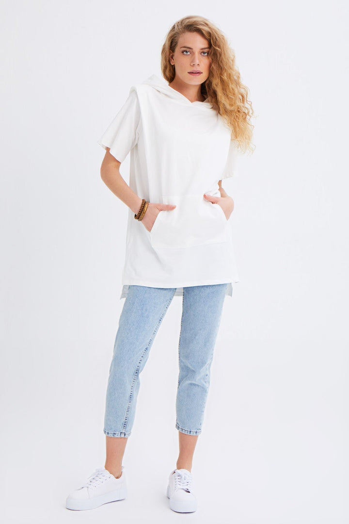 Hooded Kangaroo Pocket Long Sweatshirt Ecru