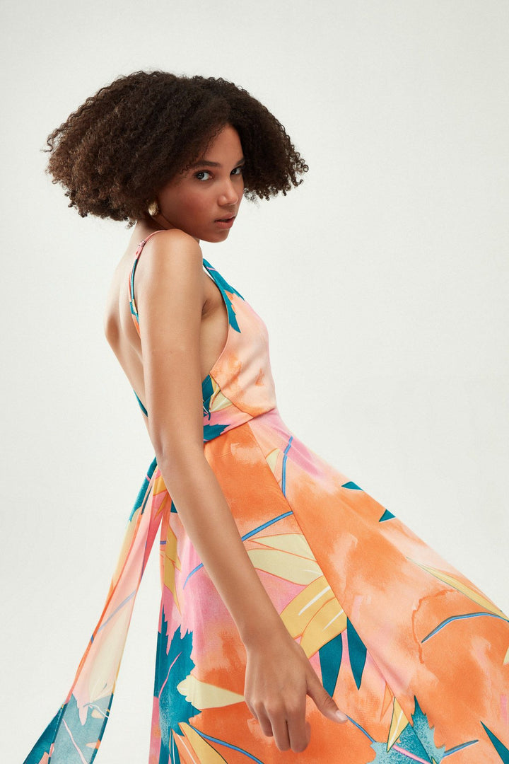 Patterned Double Breasted Strap Dress Orange