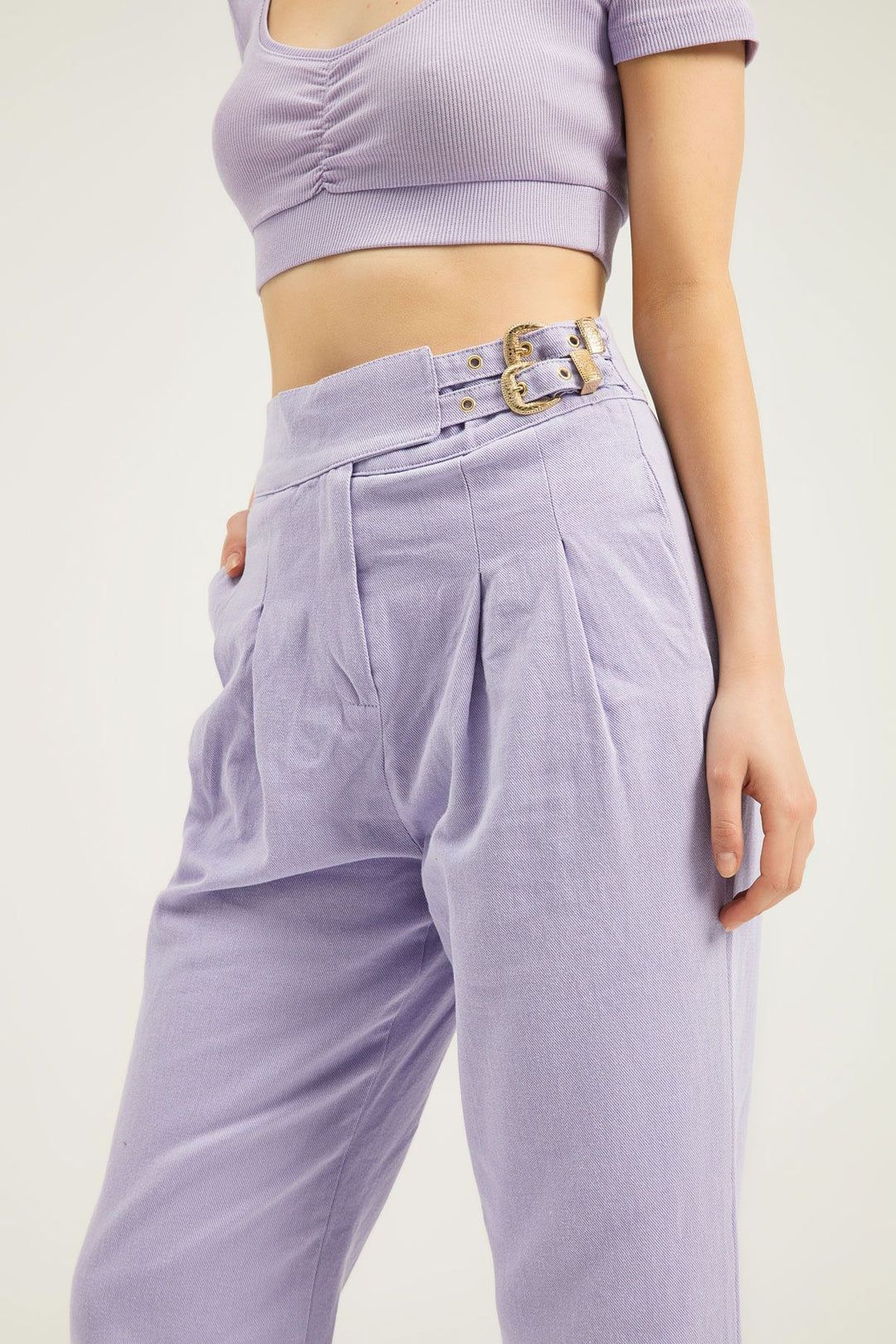 Tokalı Gabardin Yüksek Bel Pantolon Lila