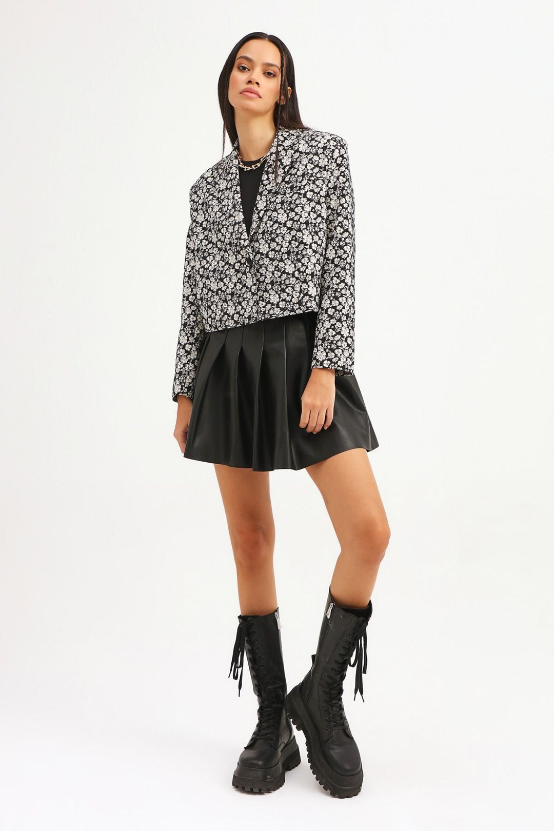 Patterned One Button Blazer Jacket Black