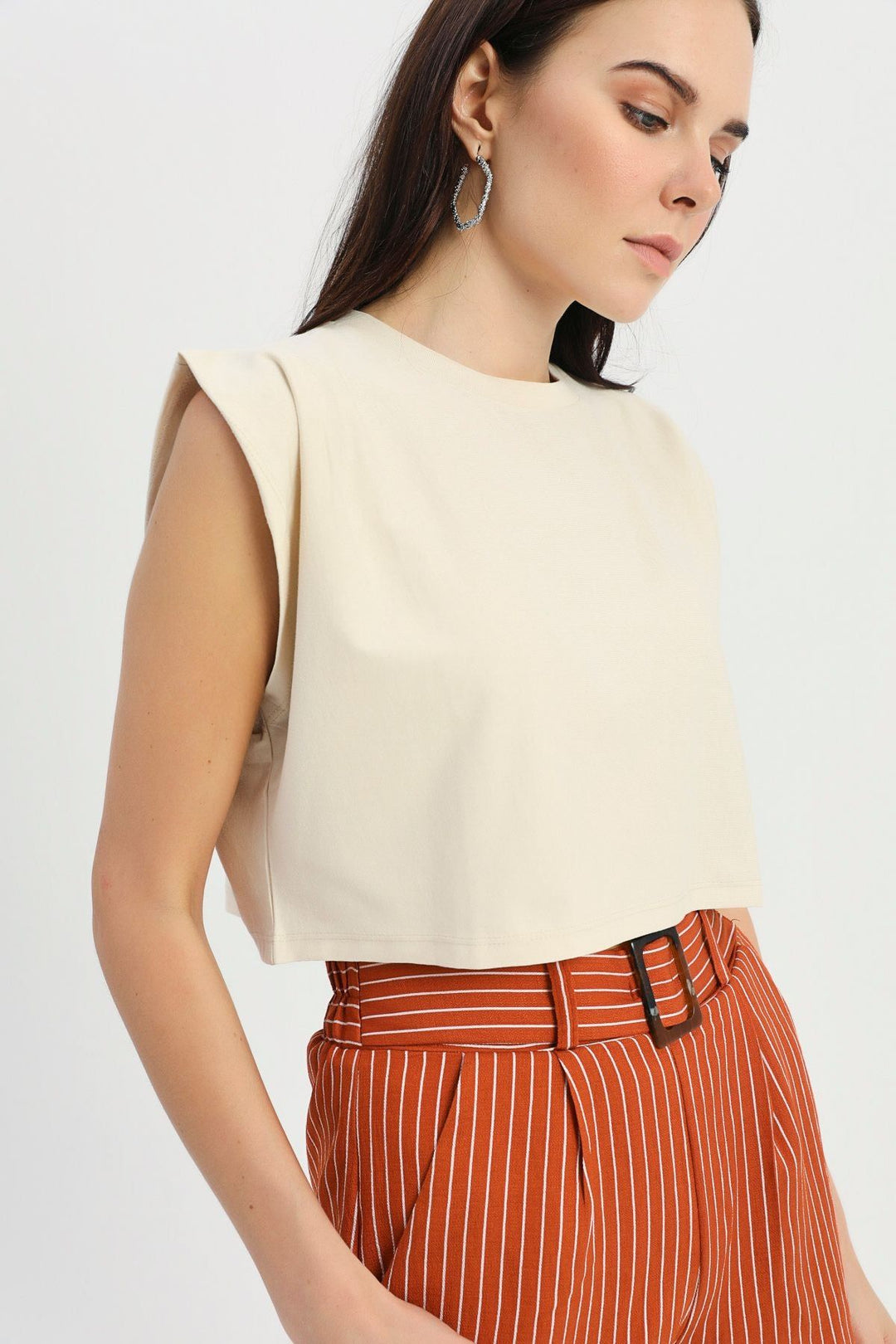 Crop Tişört Açık Bej