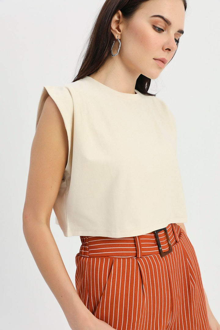 Crop Tişört Açık Bej