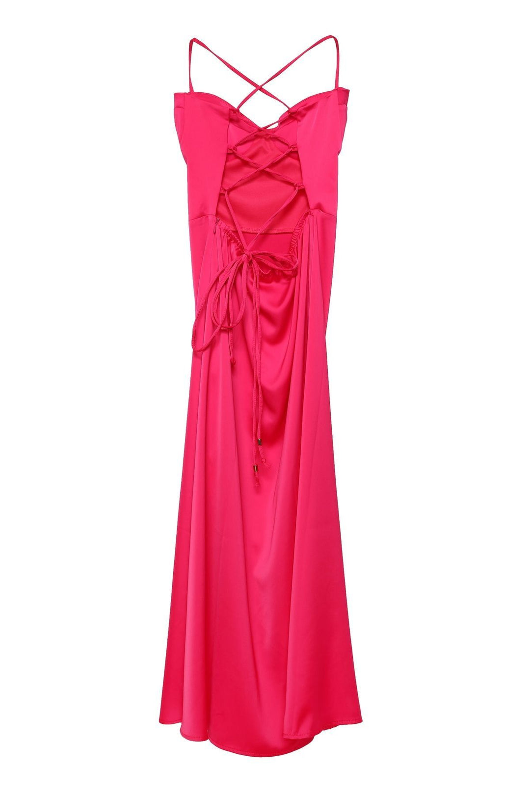 Sırtı Bağlamalı Straplez Saten Elbise Fuşya