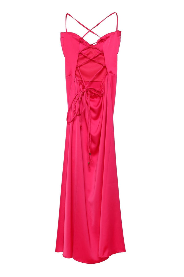 Sırtı Bağlamalı Straplez Saten Elbise Fuşya