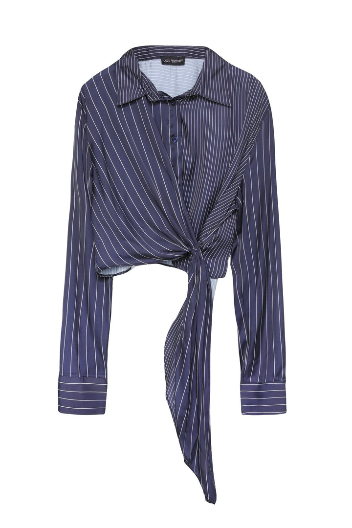 Bağlama Detaylı Saten Crop Gömlek Lacivert
