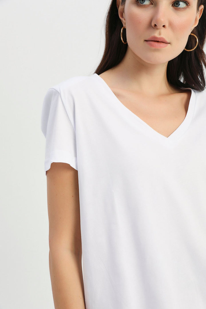 Vatkalı V Yaka Tişört Beyaz