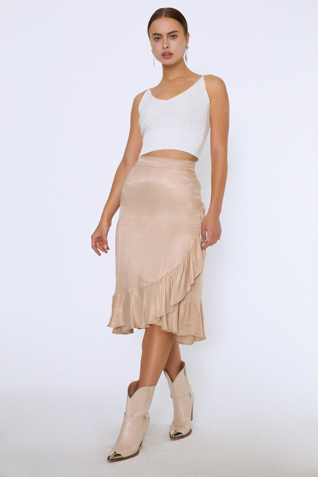 Ruffle Midi Skirt Beige