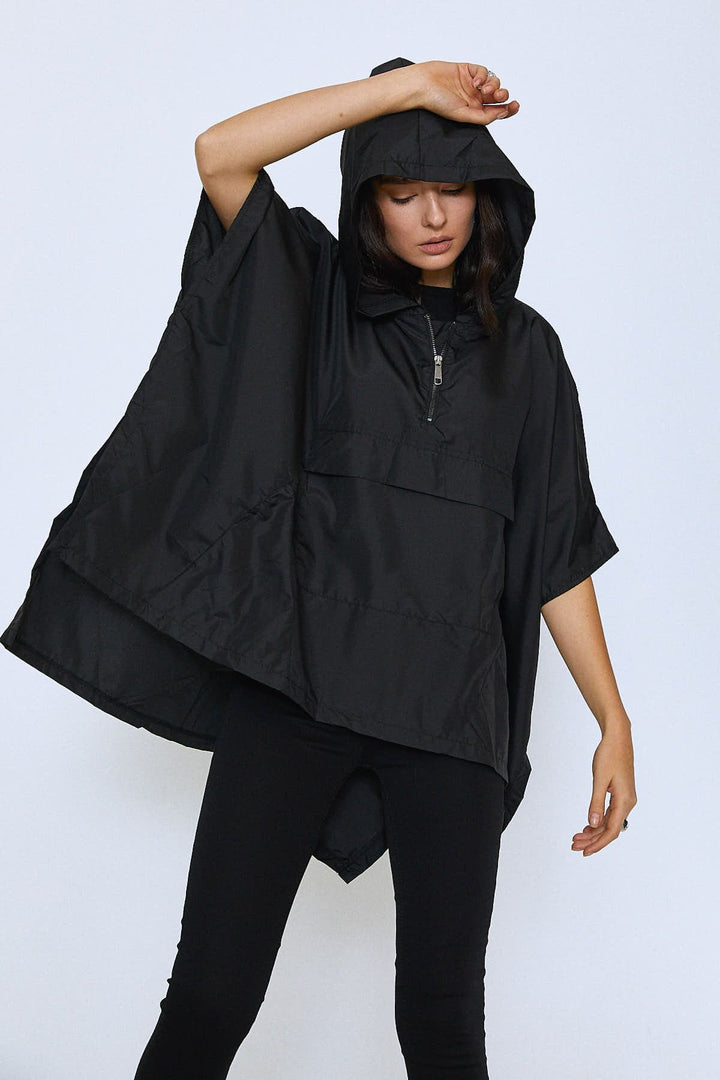 Oversize Kangaroo Pocket Raincoat Black
