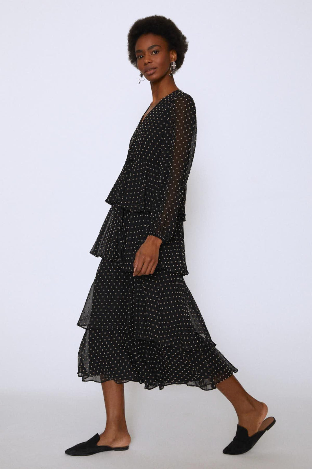 Buttoned Front V-Neck Layered Dress Black