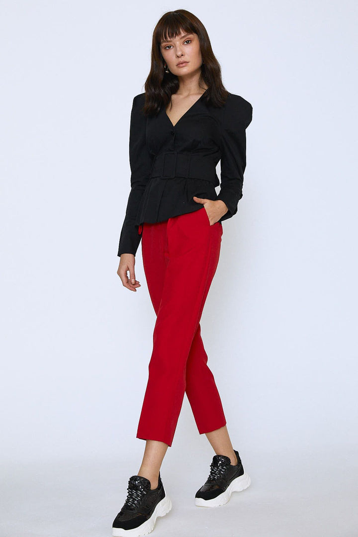 Belted Buttoned V-Neck Blouse Black
