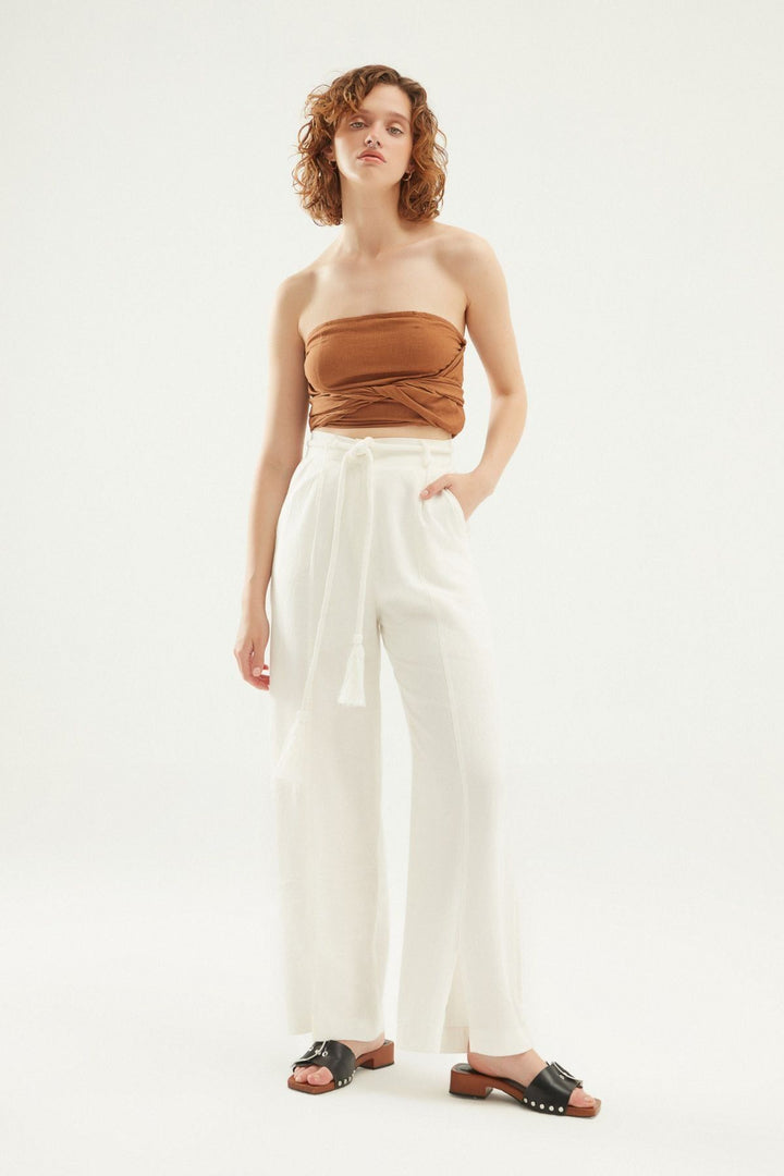 Yırtmaçlı Keten Pantolon Beyaz