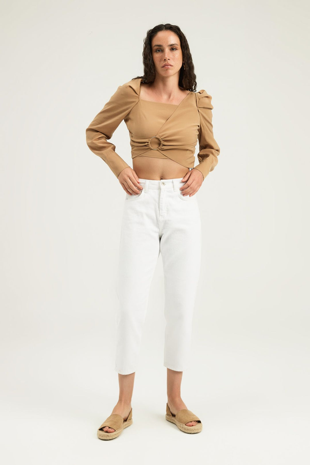 Buckle Detailed Balloon Sleeve Blouse Camel