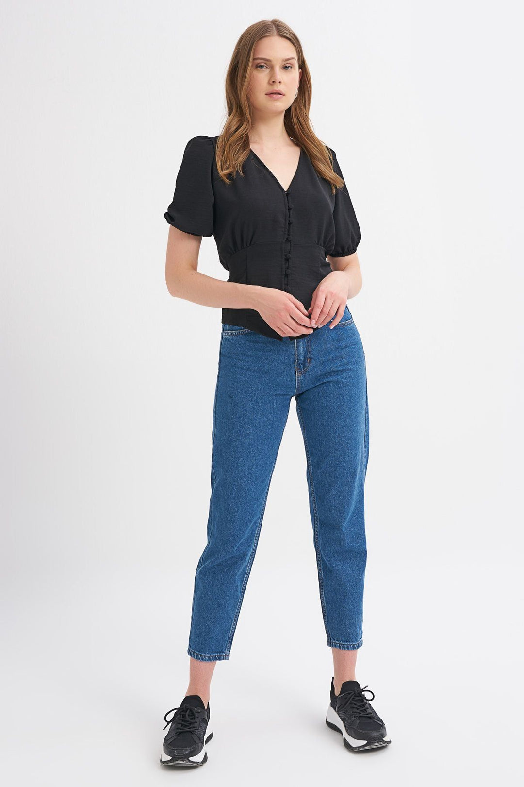 Balloon Sleeve Front Buttoned Tie Detailed Blouse Black