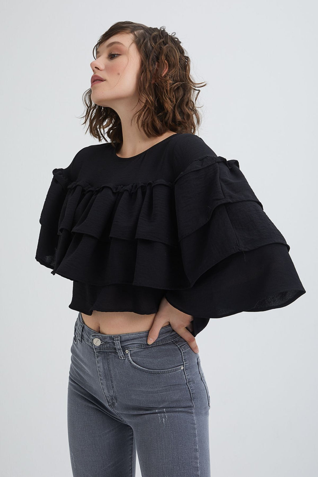 Translucent Ruffled Cropped Blouse Ruffle Crop Blouse Black – QUZU