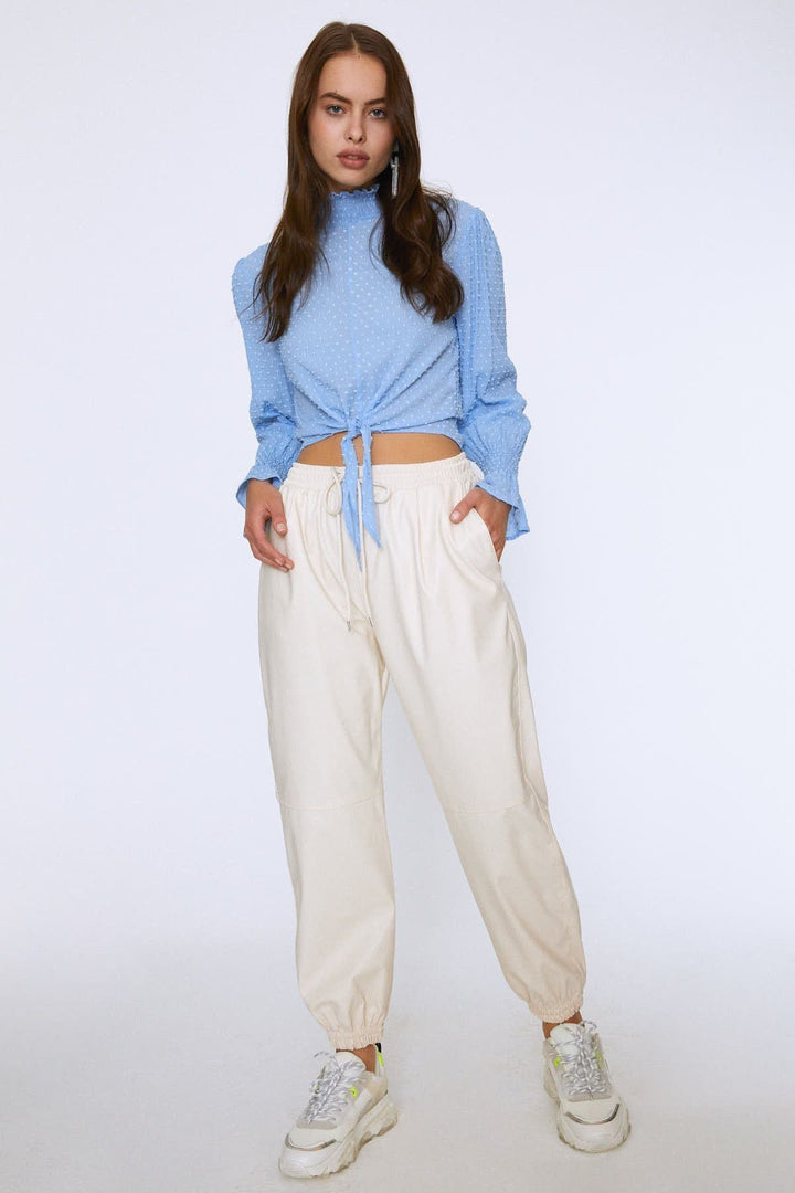 Tie Waist Long Sleeve Blouse Bebe Blue