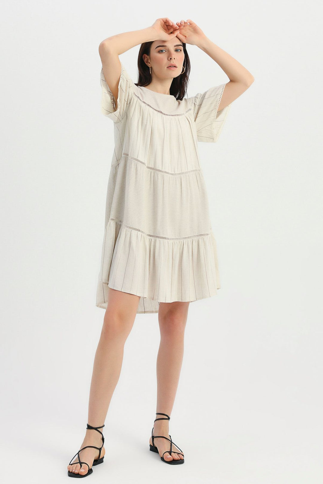 Stripe Detailed Striped Linen Dress Brown