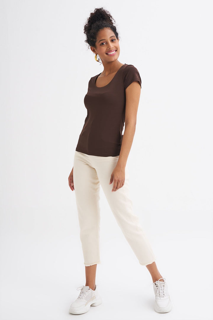 Short Sleeve Basic Blouse Brown