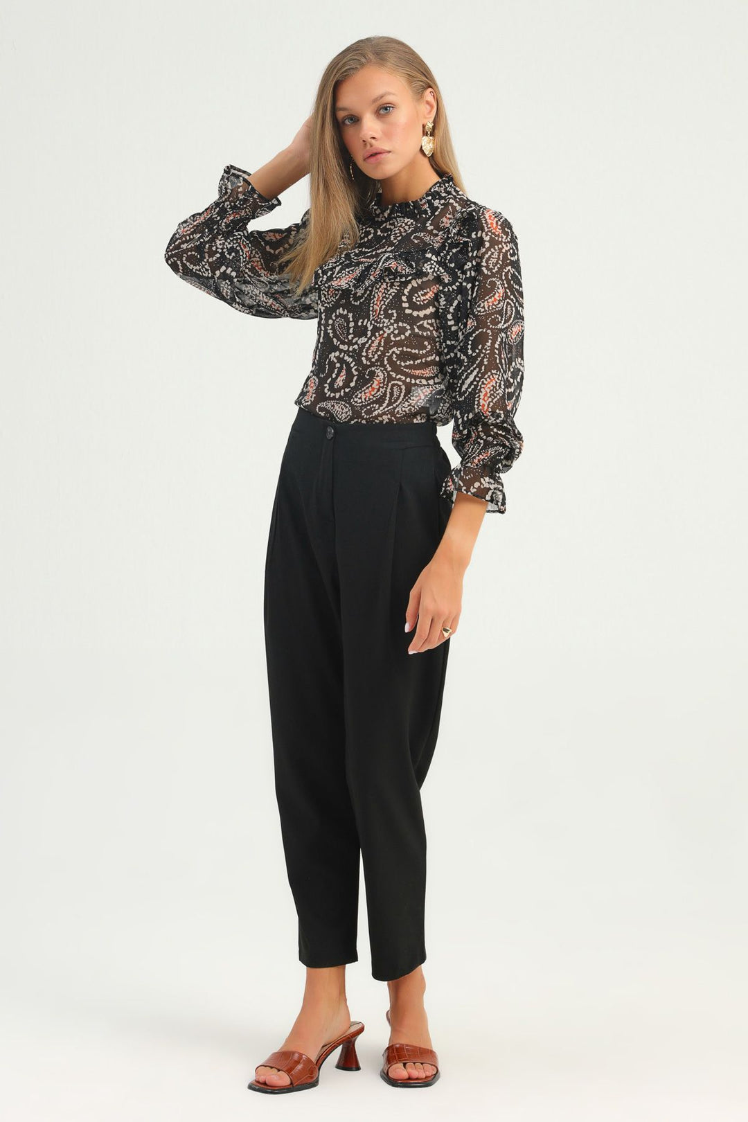 Patterned Frilled Tulle Blouse Black
