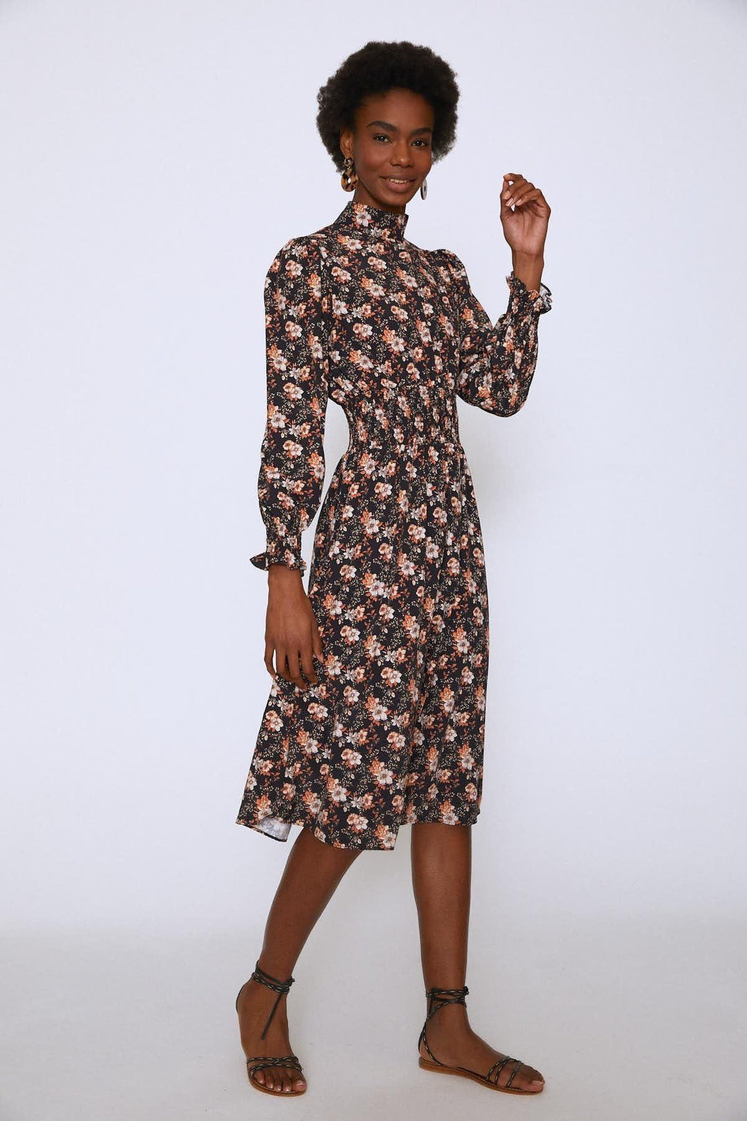 Crispy Flower Waist Gipple Long Dress Orange