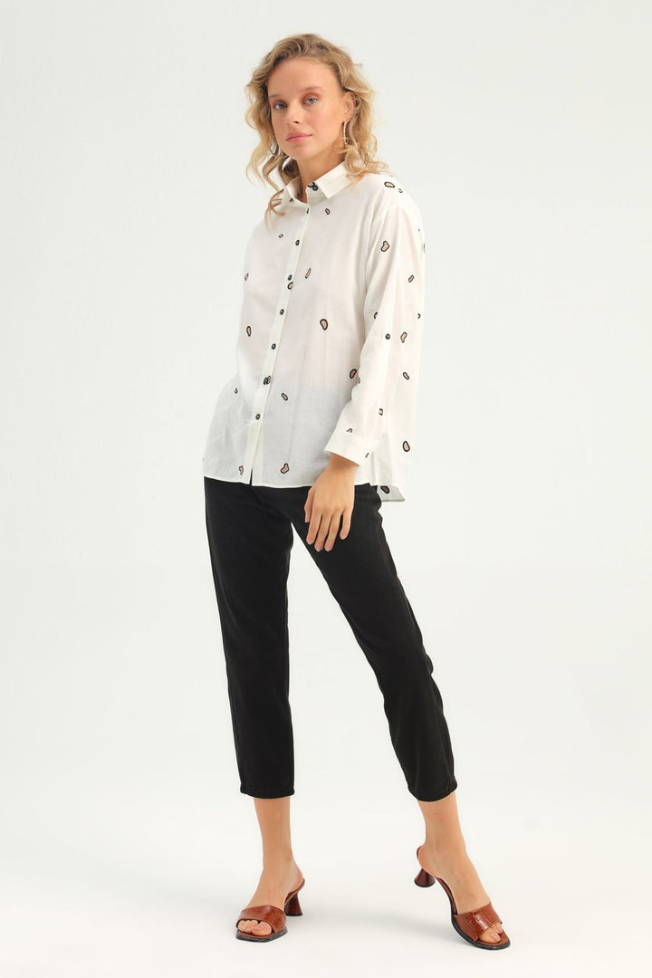 Leopard Embroidery Linen Shirt Ecru